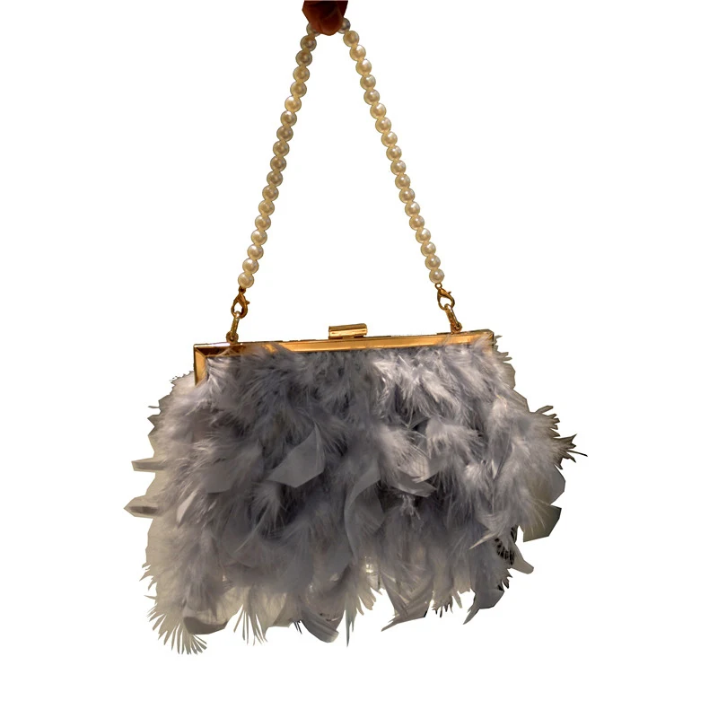 Fashion Ostrich Feather Fur Clutch Purse Sling  Pearls Chain Shoulder Bag Handles Cross-body Evening Handbag