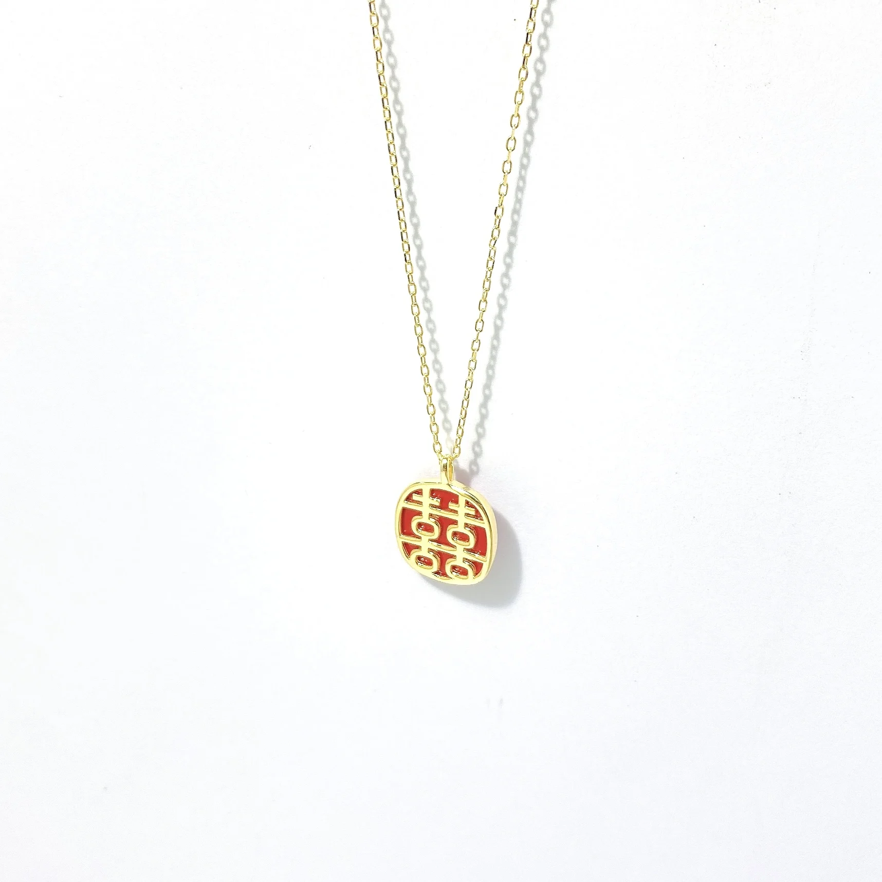 Wholesale 925 Sterling Silver Gold Plated Enamel Happiness Chinese Character Love Letter Charm Pendant Necklace for Women