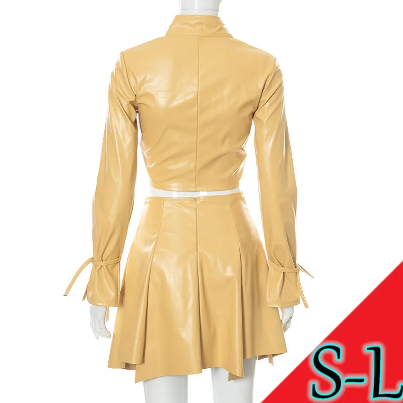 MISS Q K21ST506 Women Leather Jacket With Mini Skirt Sets 2021 Autumn Outfits Stripper Cotsumer 2 Piece Clothes Crop Short Tops
