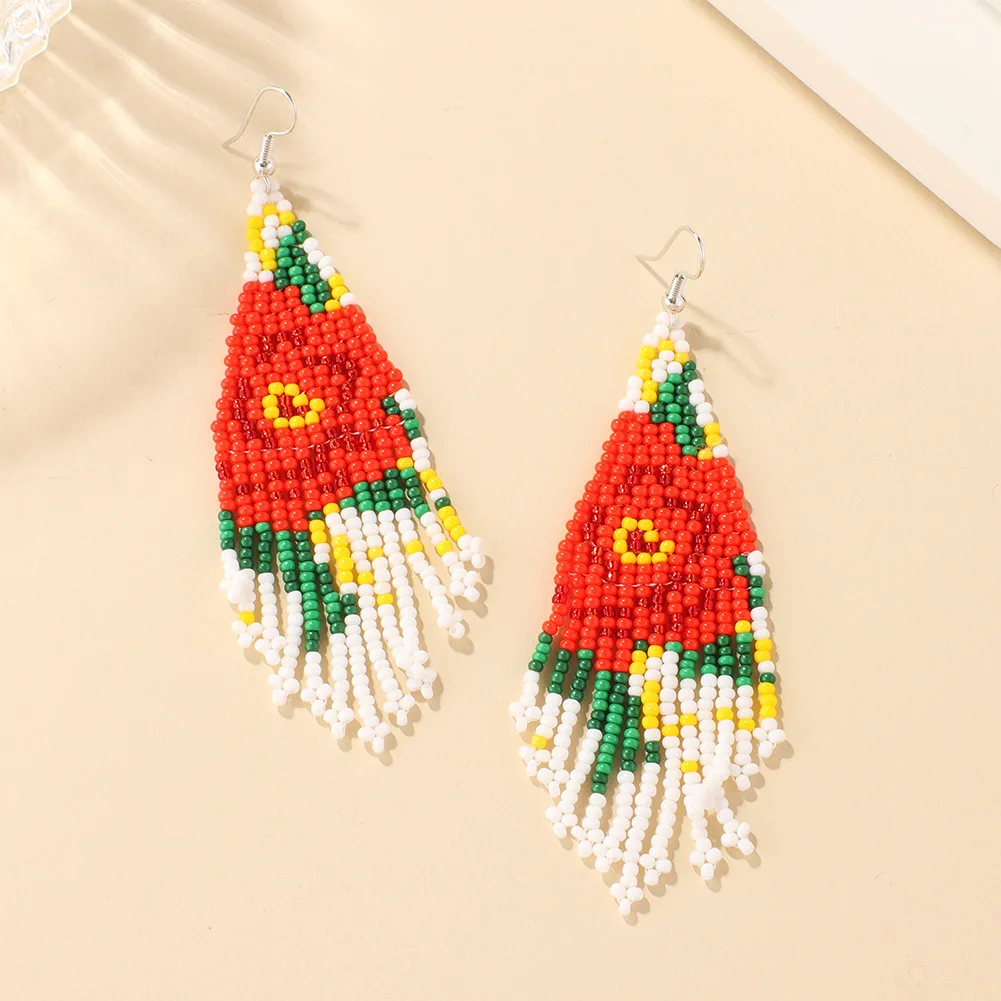 Black Blue Red Beaded Fringe Earrings Beadwork Long Rose Earring Dangle Boho Jewelry