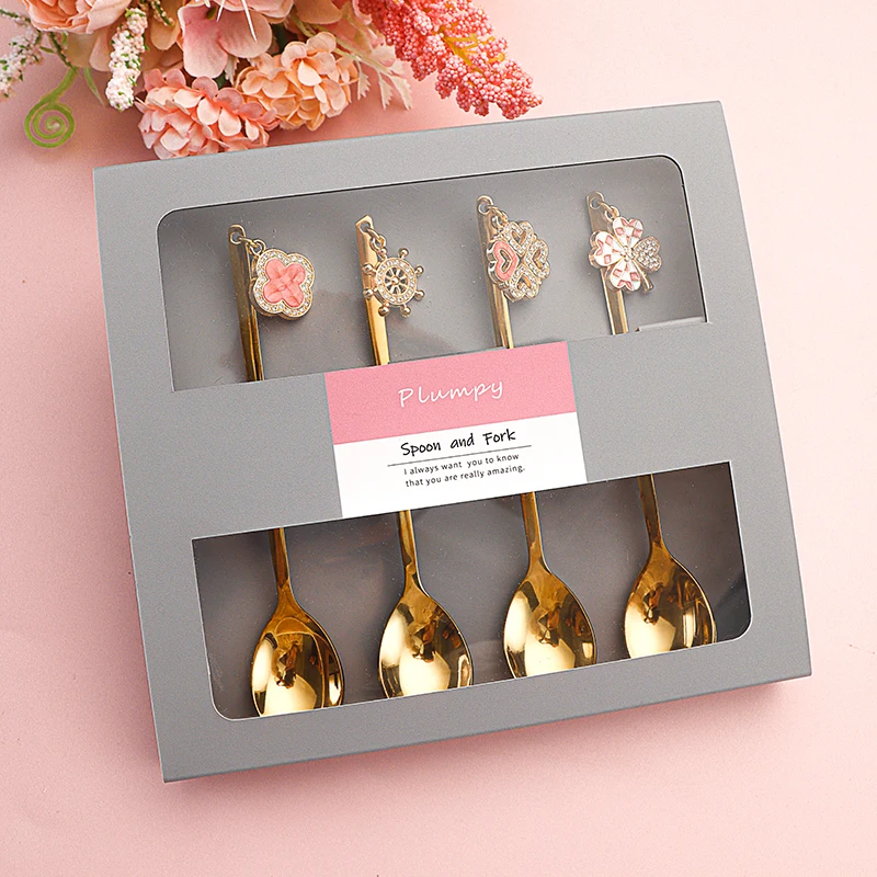 Clover charms spoon gold spoon set with color box golden spoon fork set door gift set