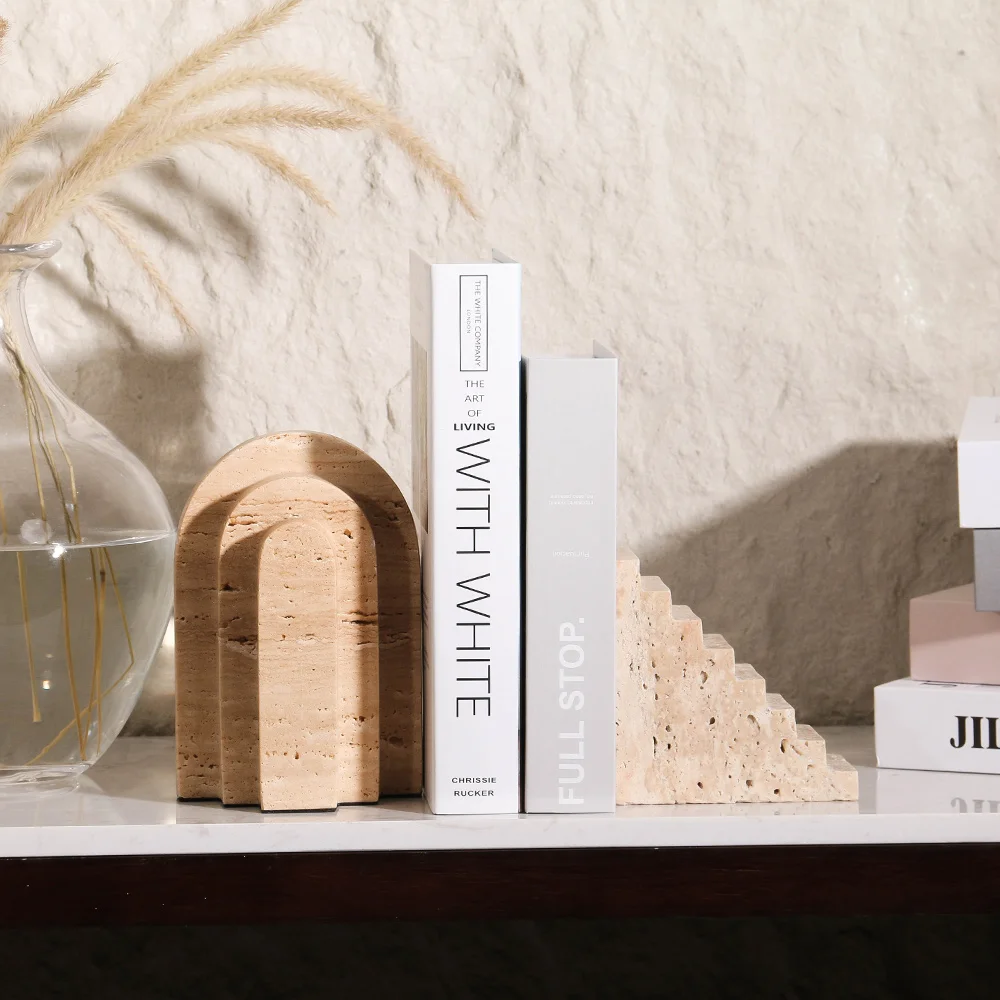Wholesale Bookends Marble Natural Stone Desktop Bookend Desk Table Decorative Travertino Stone Carvings And Bookends For Shelf