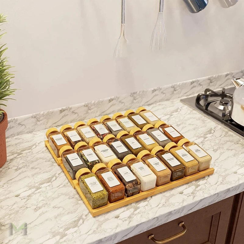 Bamboo Spice Drawer Organizer with 24 Spice Jars and Spice Labels 3 Tier Seasoning Rack Tray Insert for Kitchen Drawers