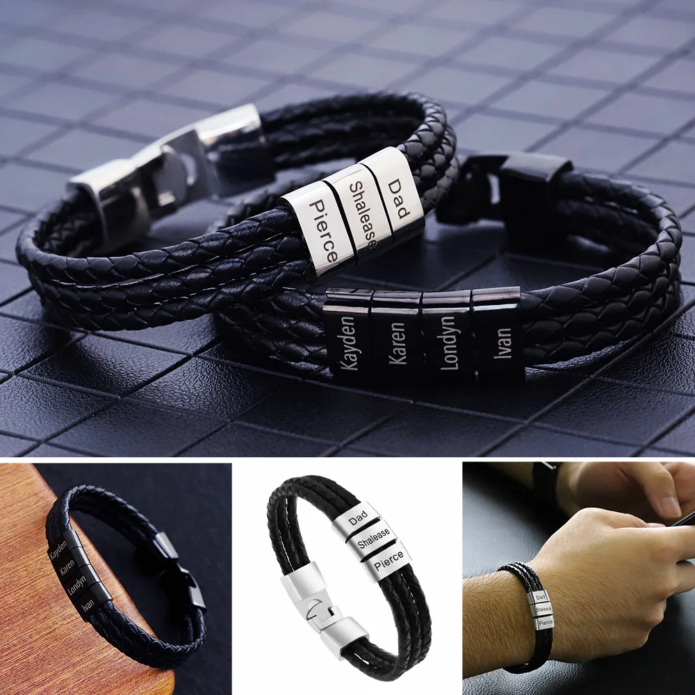 Customized Braided Leather Multi Layer Engraved Family Name Beads Leather Bracelet Jewelry for Engagement or Anniversary Gifts