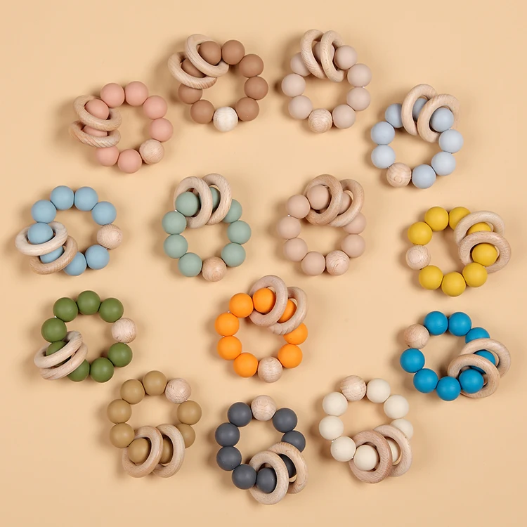 20mm High Quality Silicone Beads Teething Chew Toy Baby Wooden Teether Ring Soft Toy 9*7.5*4cm DL13-034 Eco Friendly CN;GUA 55g