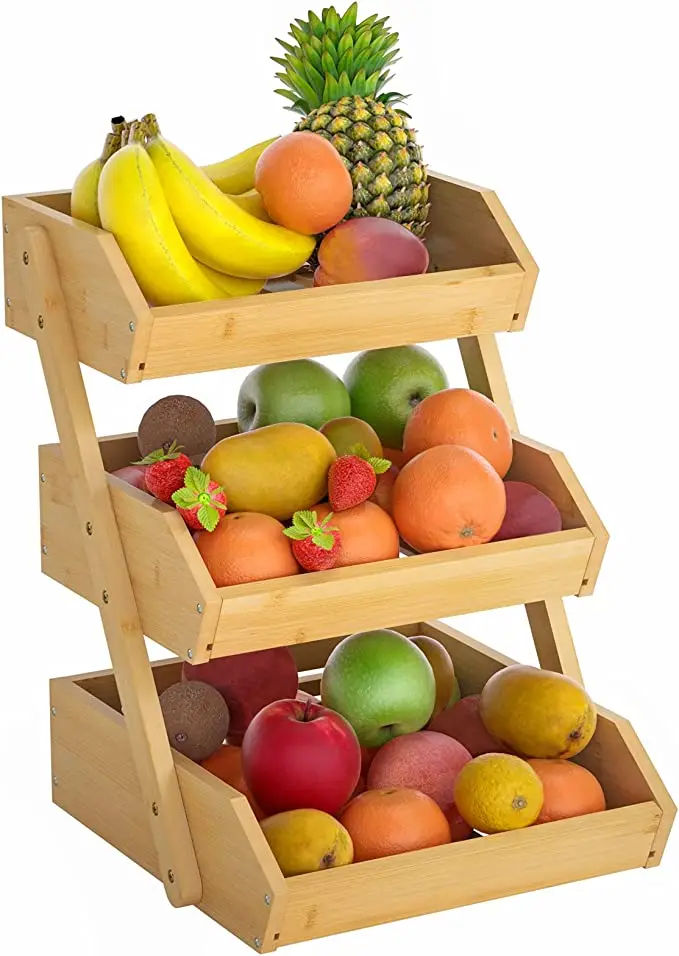Addreen Wholesale 3-Tier Bamboo Wood Fruit Shelf for Kitchen Countertop vegetable Storage Rack Large Bamboo Fruit Basket