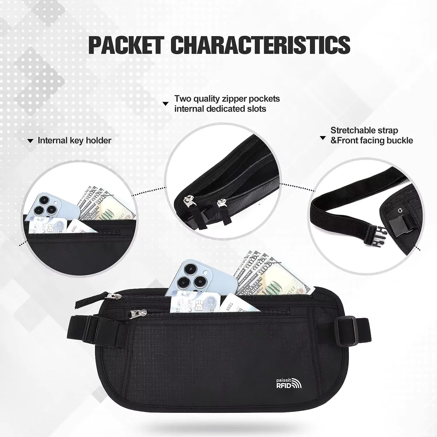 Custom Logo Slim Passport & RFID Blocking Travel Pouch Sports Running Waist Bag with Money Belt for Cash Credit Cards Made Nylon