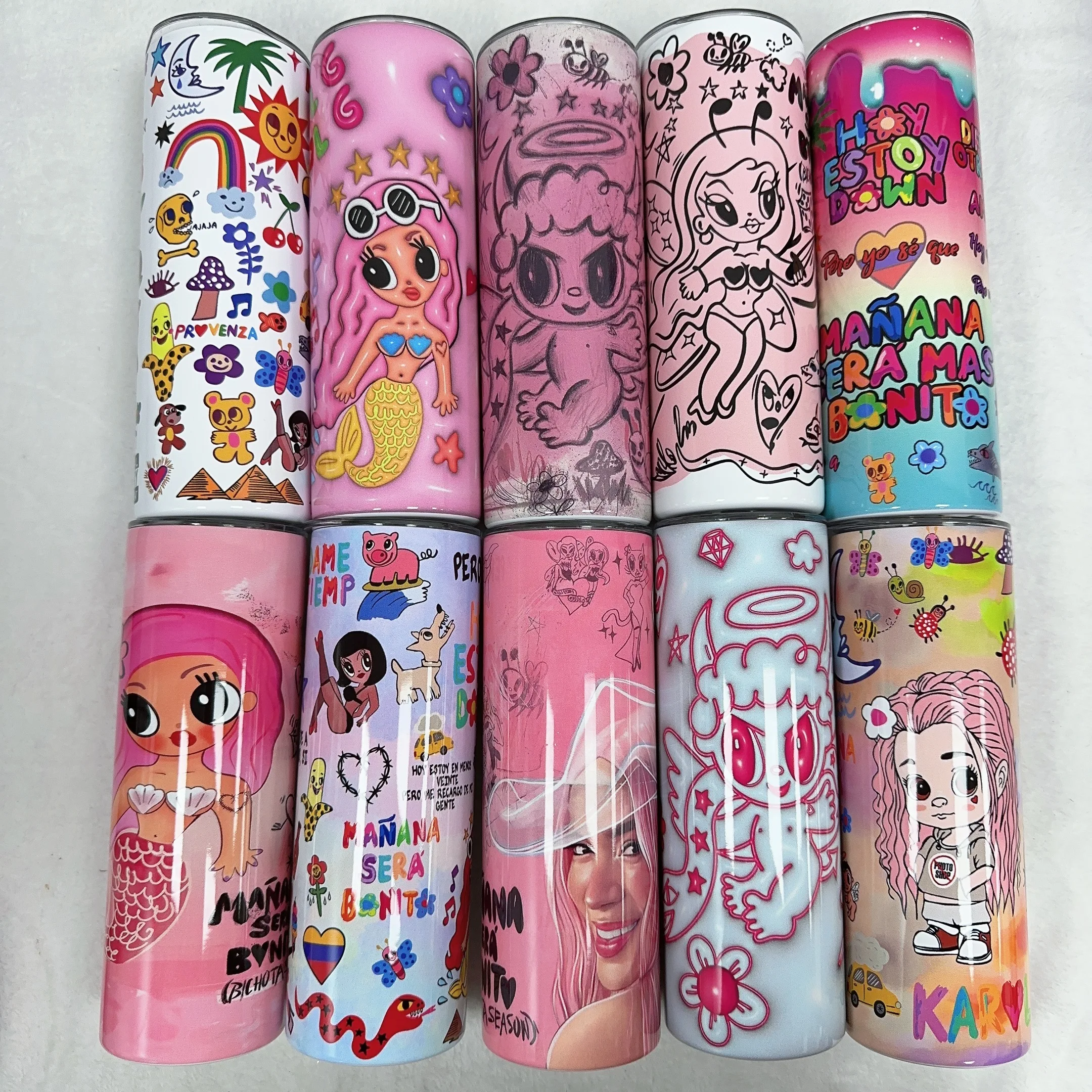 new arrival custom cute cartoon pink Karol g album designer 20oz skinny insulated coffee cups tumbler with lid and straw