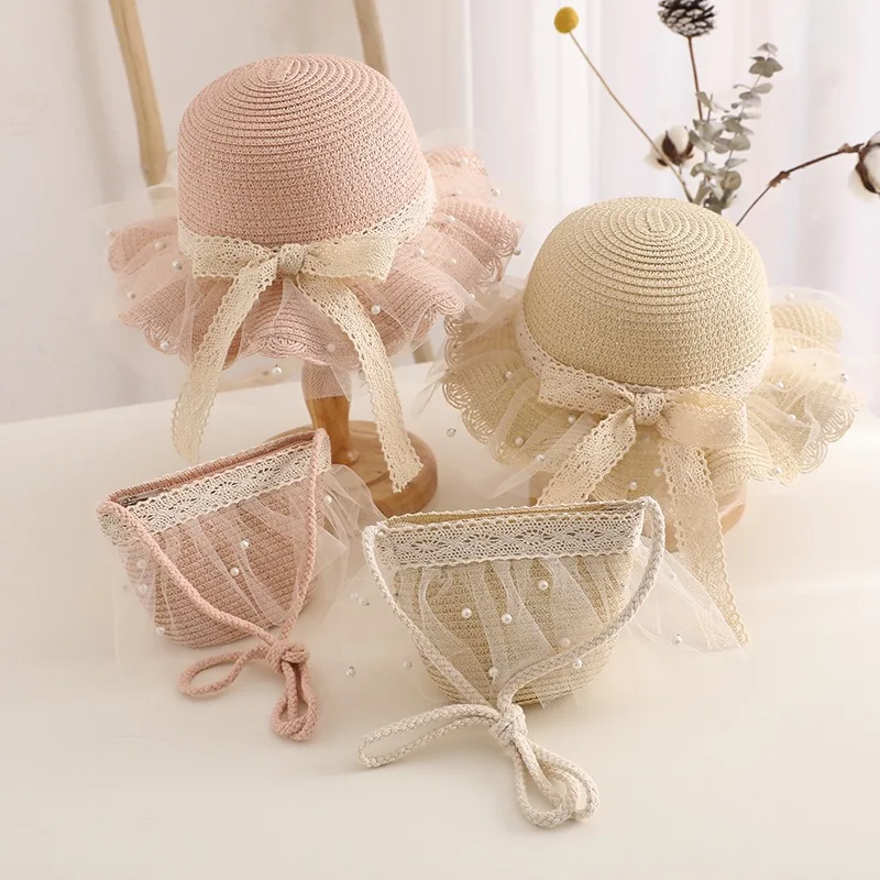 2022 wide brim Summer children new Beach Sun Hat Girl lace pearl Bucket Straw Hat and bag set beautiful outdoor travel hat kids