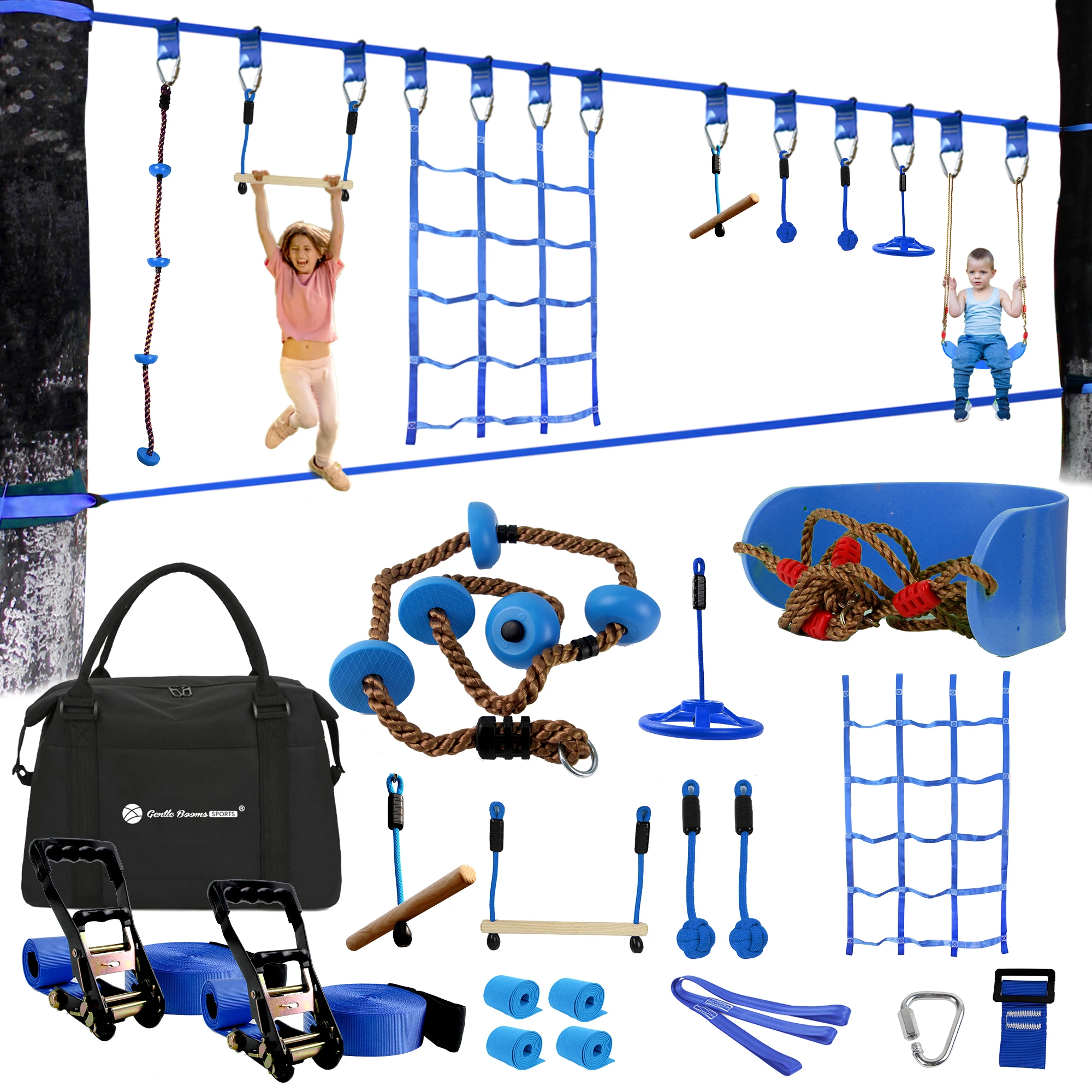 Gentle Booms Sports Playground Outdoor Kids Ninja Backyard Obstacle Training Course with Cargo Net
