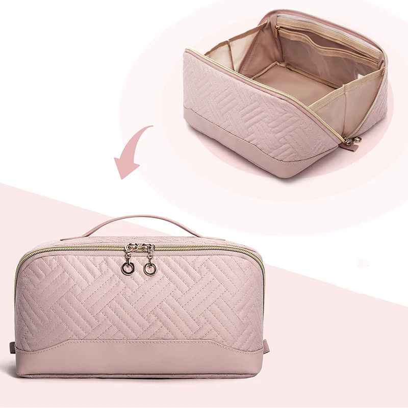 Large Capacity Travel Custom Toiletry Cosmetic Bag Flat Big Makeup Bag For Women Portable Waterproof Pu Leather Skincare Bag