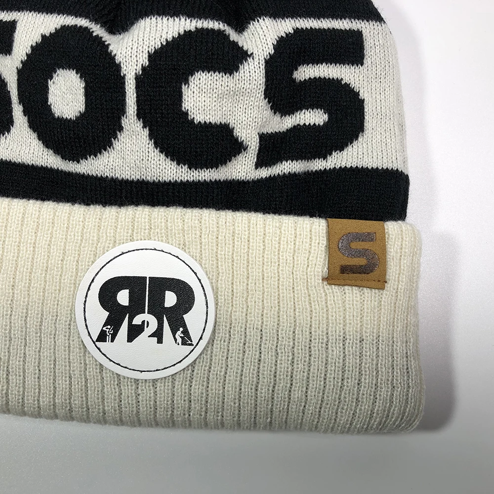 Custom high quality knitted retro toque Suede leather patch ribbed brim pom pom hats Character jacquard two tone sports beanies