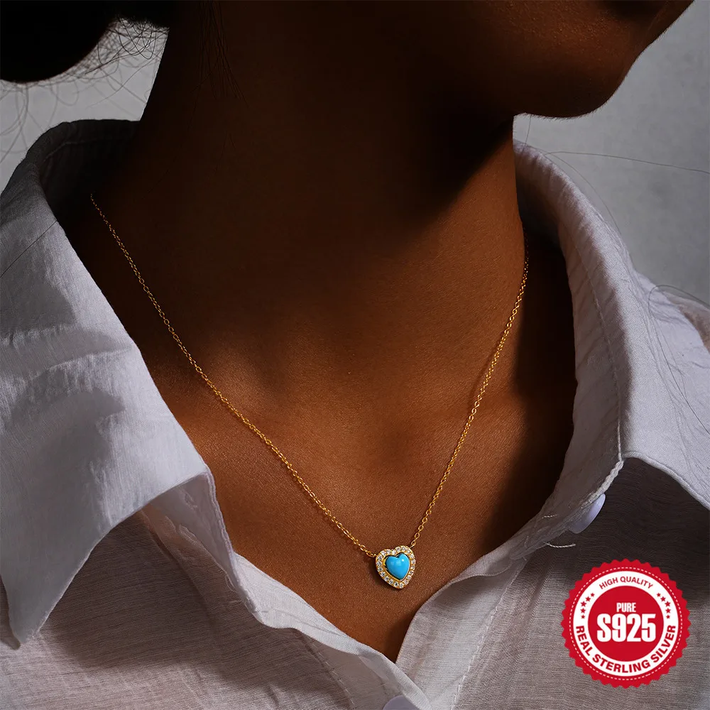 Carline women minimalist jewelry S925 sterling silver jewelry Turquoise necklace love zircon necklace heart necklace women gift