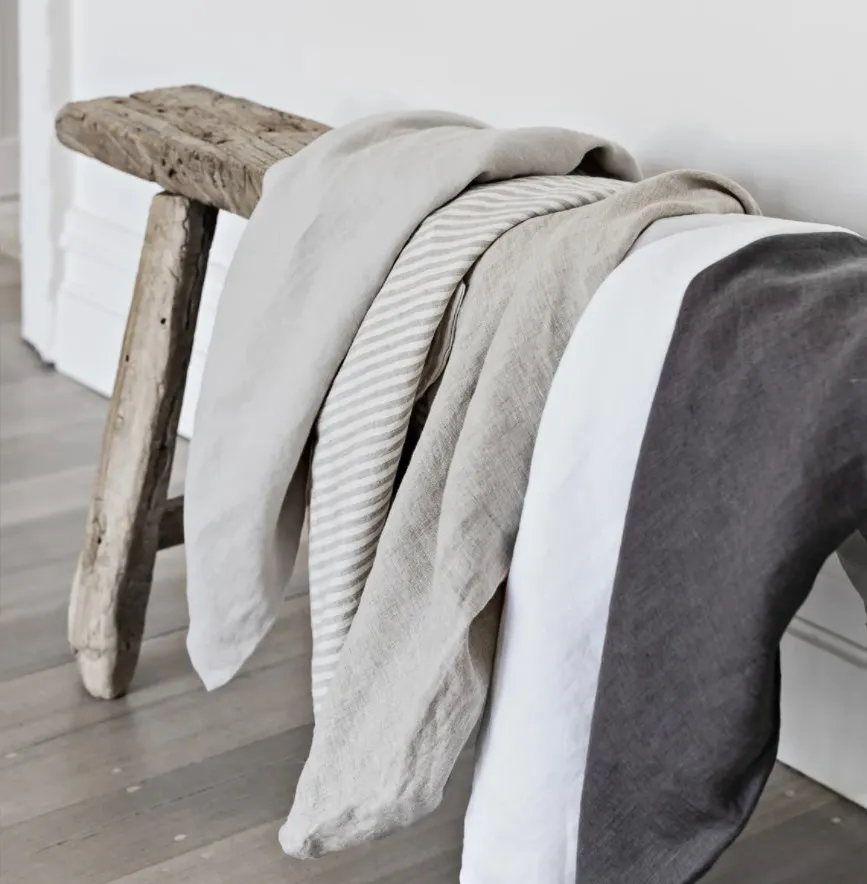 Stonewashed 100% french flax linen stock high quality square pillow case strip neutral color living room 65x65cm