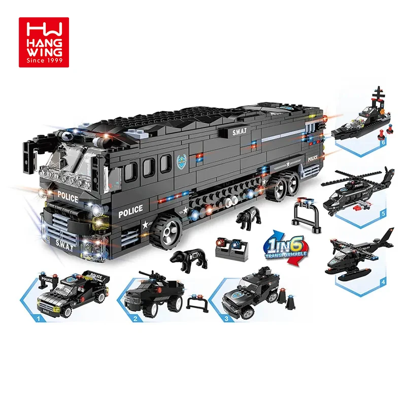 HW Toy 6 in 1 SWAT black team of the storm mobile combat bus building blocks sets 1011PCS DIY technologies bricks toys for kids