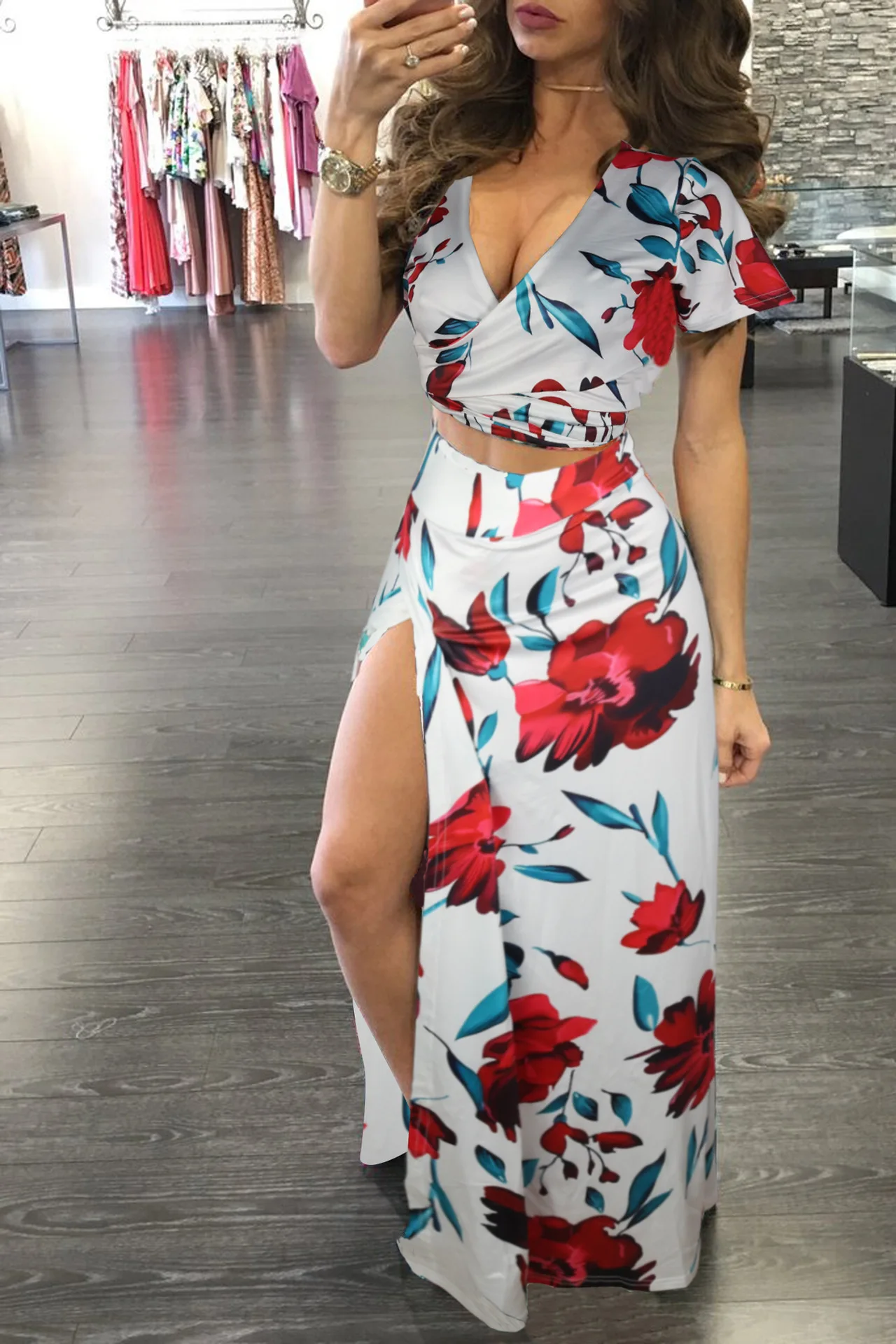 sexy deep V split print dress classic Digital Printed Blouse and Skirts for Ladies Sexy Two Piece Outfit Suit