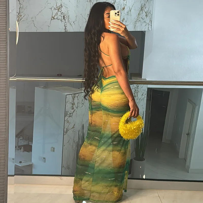 FS13989D women summer sleeveless print sexy maxi spilt dress