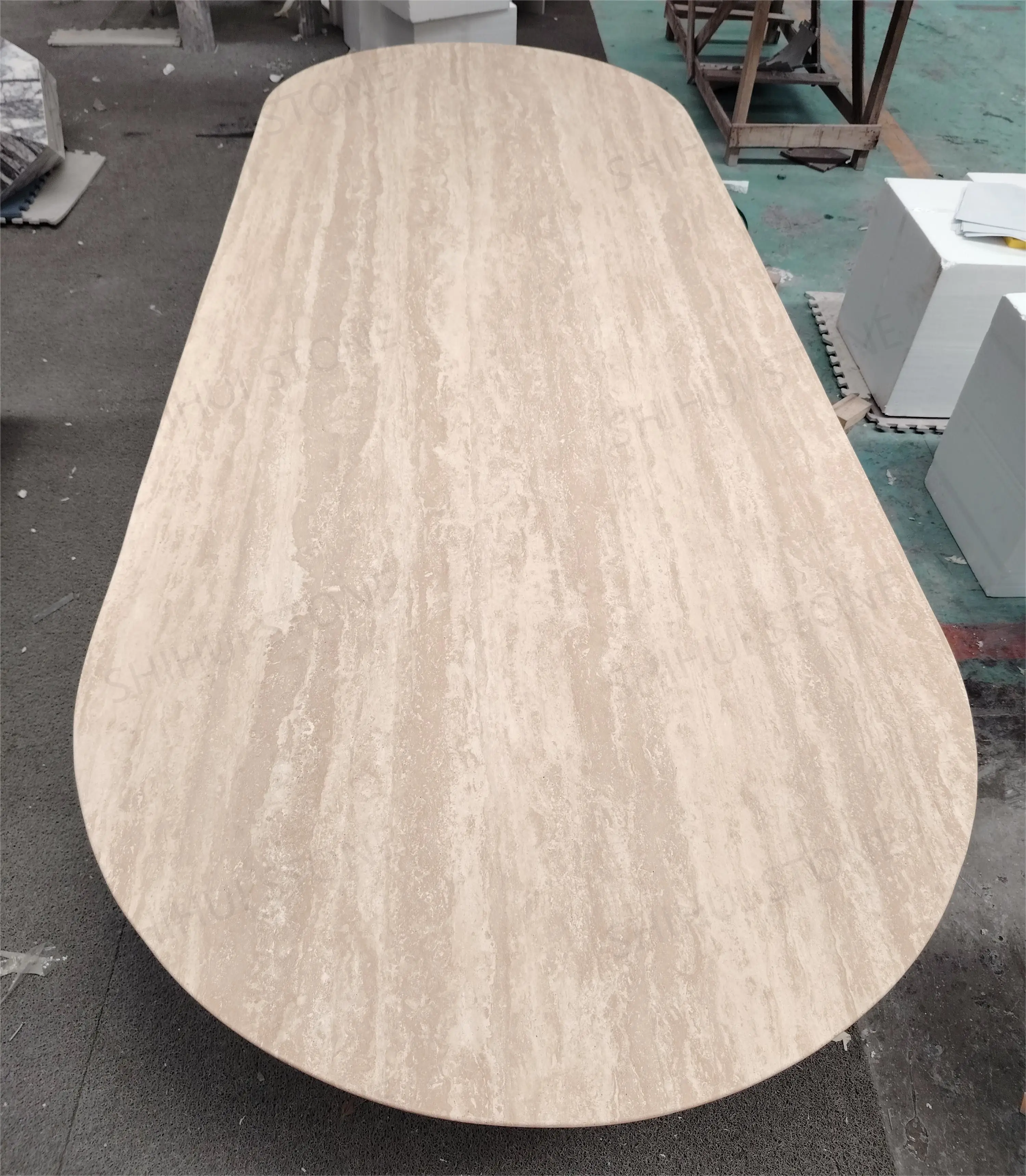 SHIHUI Customized Dining Room Furniture Natural Beige Oval Travertine Dining Table Large Marble Dining Table 12 Seater
