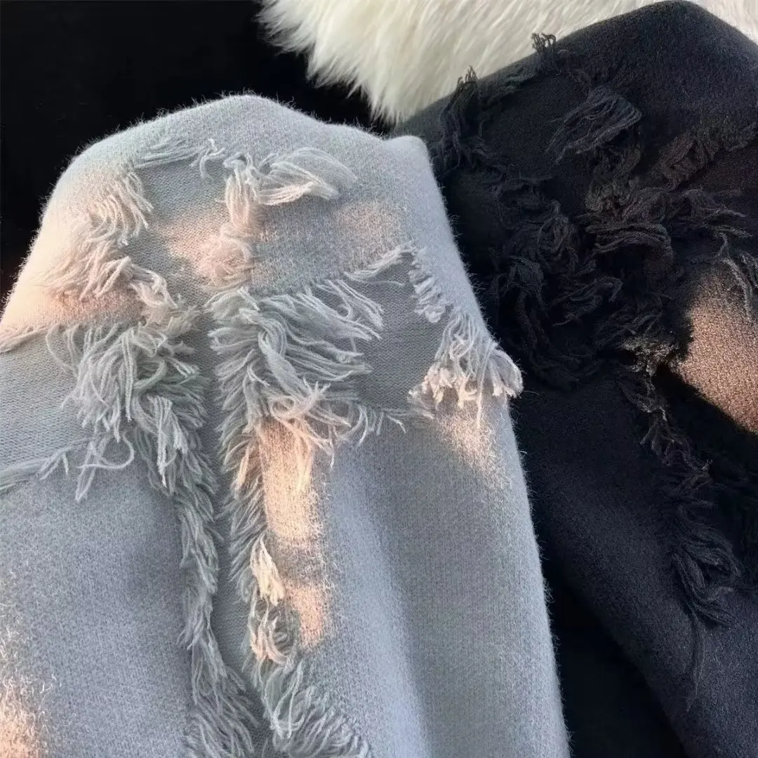 Factory Price wash and dye to make old fringe holes round collar knit sweater