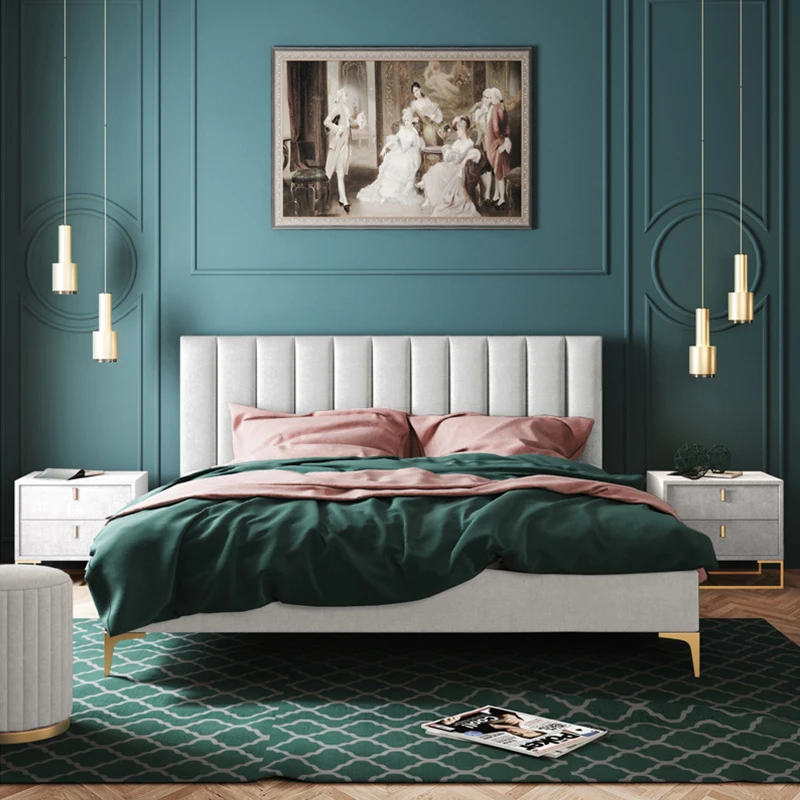 King size girls room leather double bed solid wood frame high quality bedroom furniture light luxury leather bed for master room