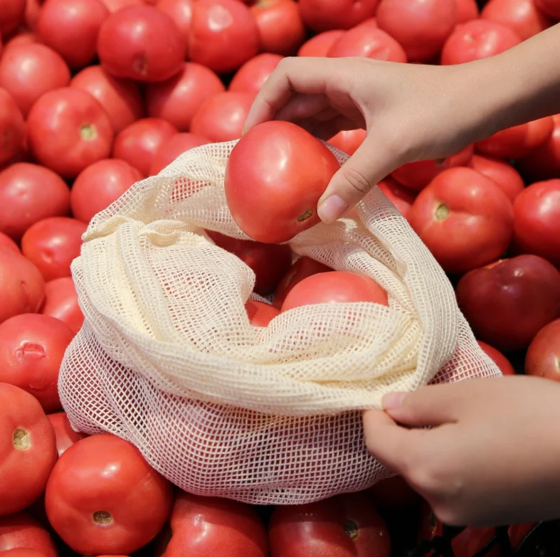 Многоразовая хлопковая сетчатая продуктовая сумка с логотипом на заказ моющаяся для фруктов еды овощей