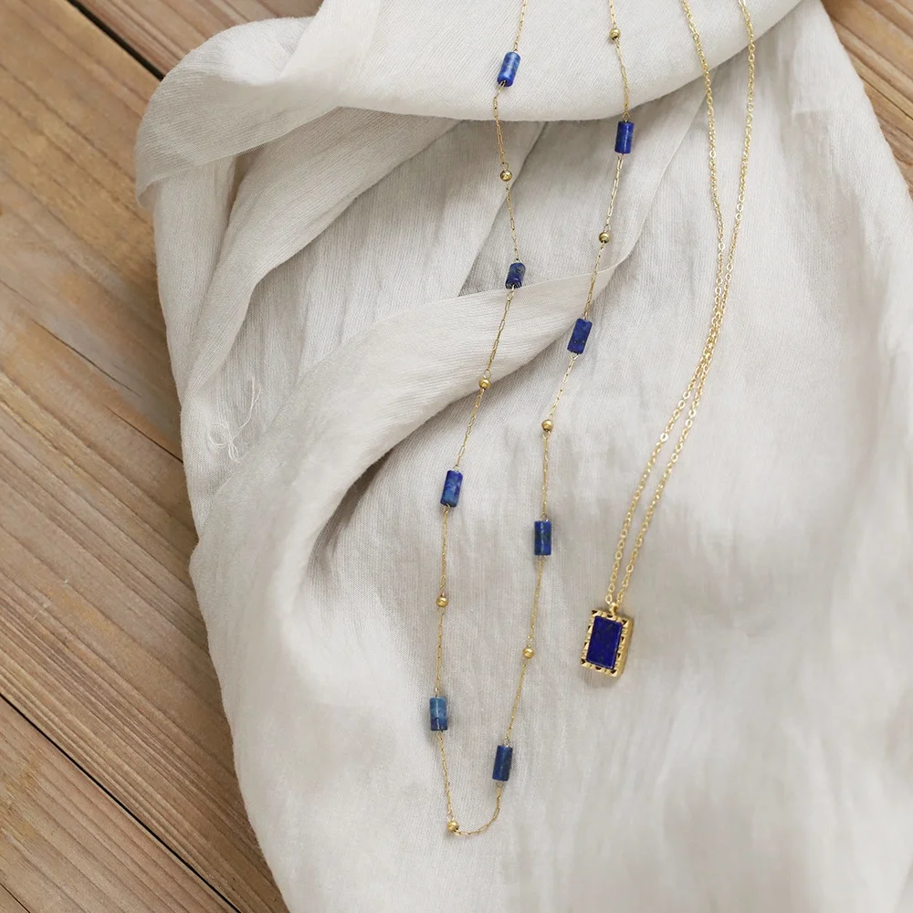 Vintage Lapis Pendant Necklace Stainless Steel Tarnish Free Blue Stone Beads Chain 18K Gold Plated Natural Stone Jewelry