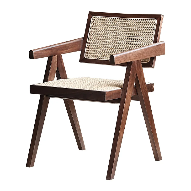 Nordic moedrn solid wood rattan back dining chair teak wood rattan cafe chair