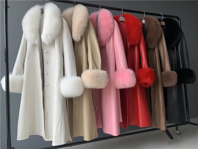 Luxury Fox Fur Collar Leather Trench Coat Woman Long Genuine Leather Trench Coats
