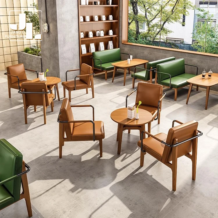Modern cafe leisure seating sofa commercial hotel restaurant wood frame leather dining table and chair set furniture