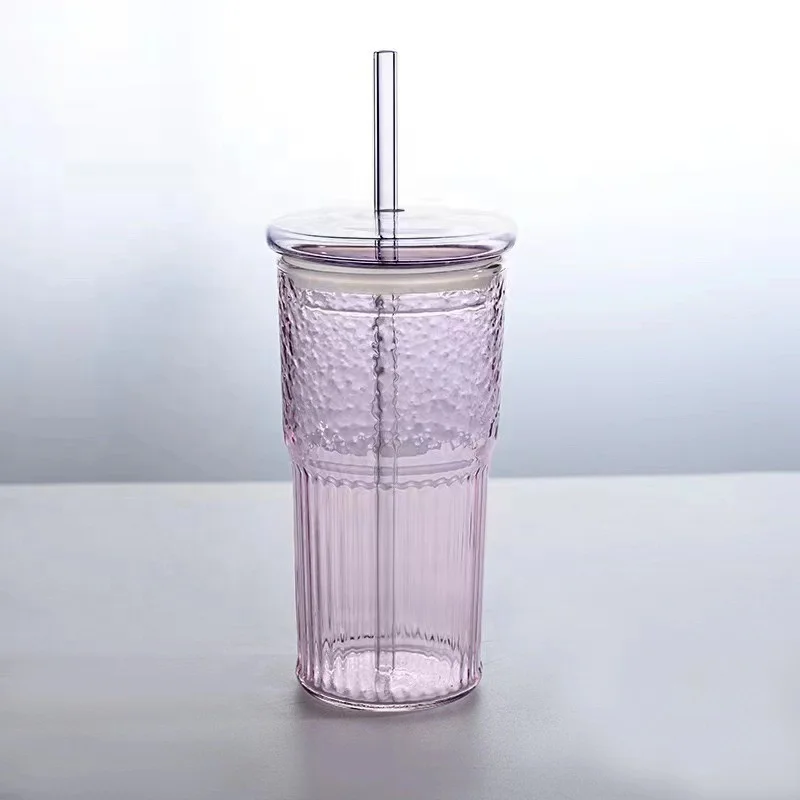 Large Capacity Colored High Borosilicate Glass Tumbler with Glass Lid And Straw