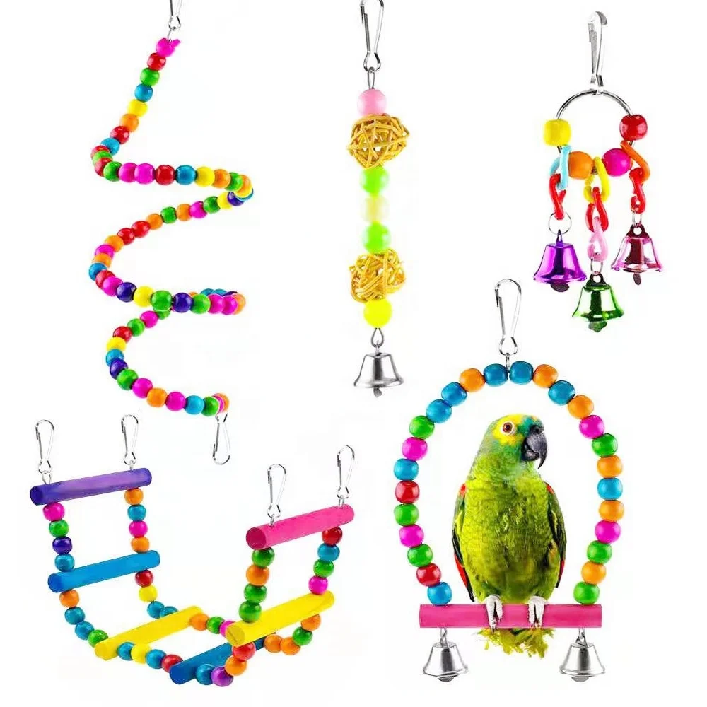 Parrot combination toy wooden bird standing climbing and biting set toy set 6 pieces handmade natural and healthy