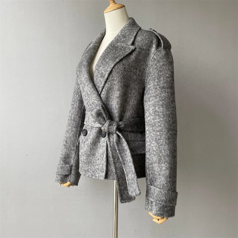 Wholesale Thick Warm Custom Short Style Double Faced Wool Outerwear Belt Elegant Soft Winter Long Sleeve Women Grey Wool Coat