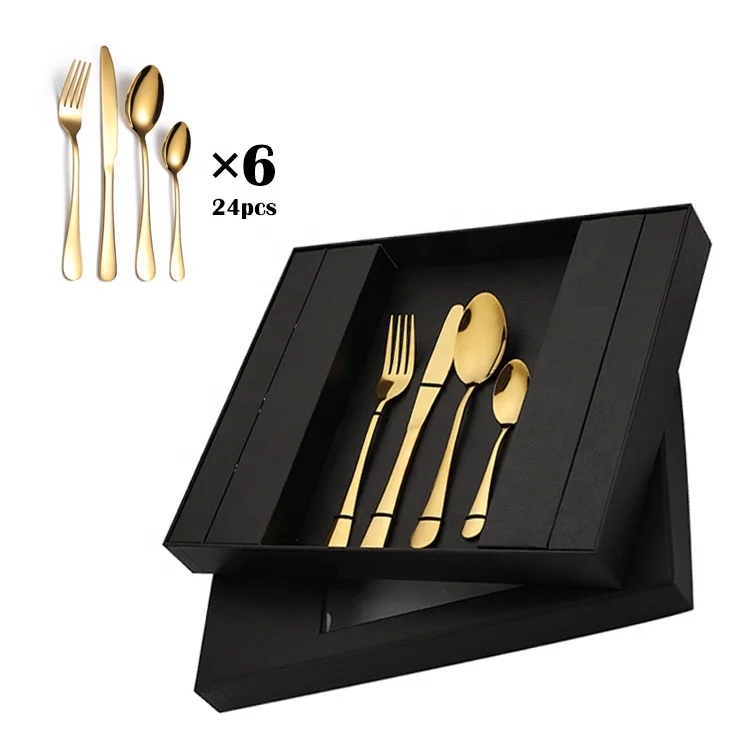 Stainless Steel gold plated 24pcs Cutlery wholesale Luxury spoon and fork reusable 24-piece gift box Flatware Set