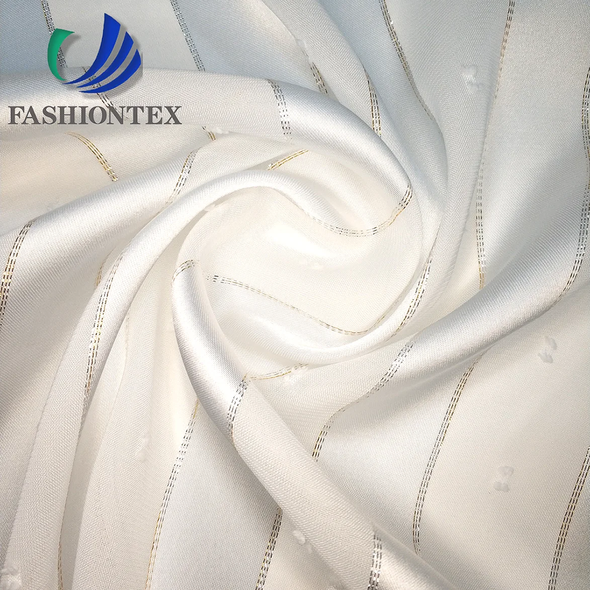 Fashiontex golden and silver lurex strip satin dot clipped fabric 100% polyester fabric