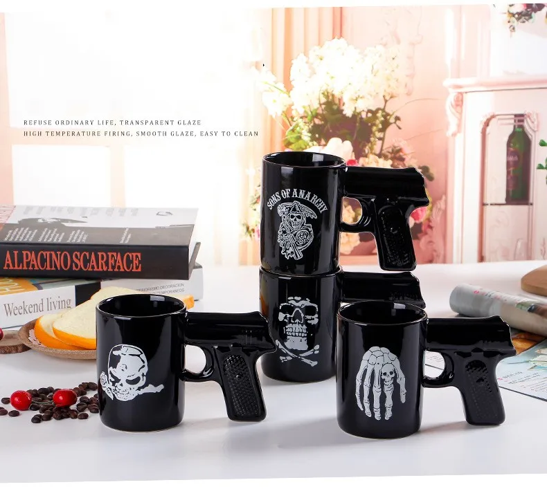 MSH Pirate Pistol Cup Creative Skulled Ceramic Water Cup Gun Handle Mug 500ml