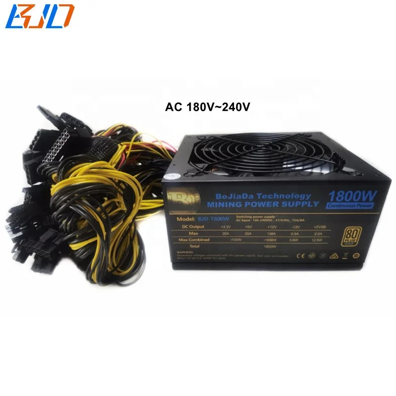 1800W Rated ATX PSU Switching Power Supply 14CM Quiet Fan 180V~240V for 8 * GPU Graphics Card in stock