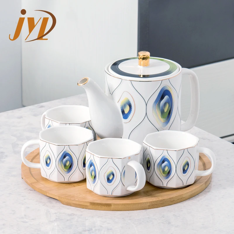 Middle Eastern Best Sell 1 Pot 4 Cups Porcelain Avocado Pattern Coffee & Tea Sets With Wooden Tray