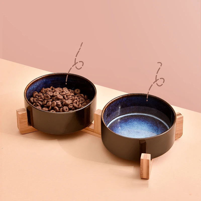 
fashionable dark blue eco friendly ceramic stand cute food water cat pet dog bowl wood 