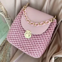 Custom Design Hand Knitting Shoulder Crochet Tote Bag Women Lady Pink Handmade Checkered Crochet Tote HandBag