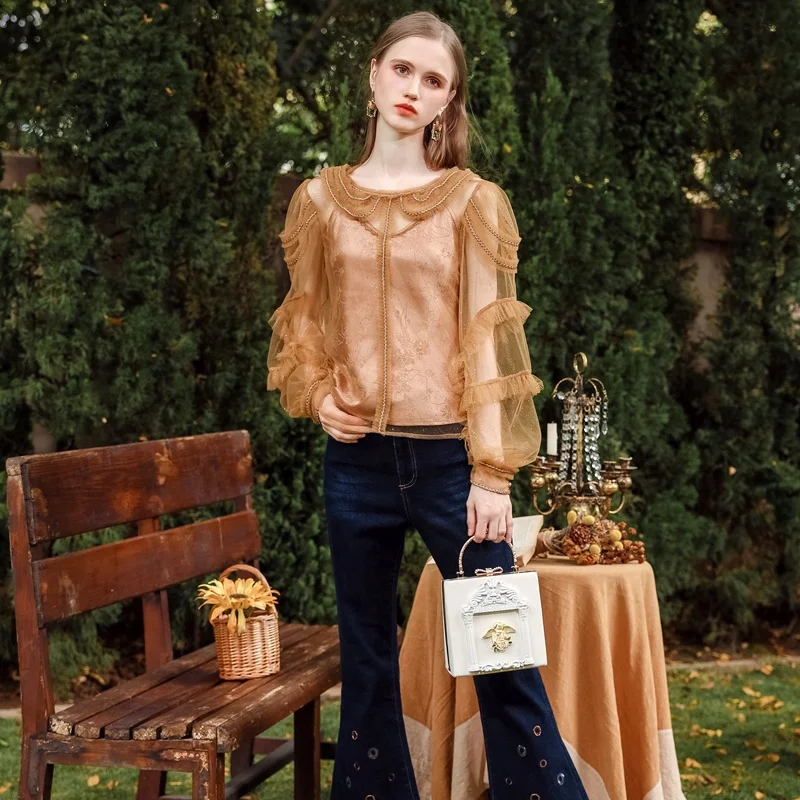 Elegant Vintage Casual Ladies Tops Shirts Long Sleeve Lace Appliques Sheer Tops