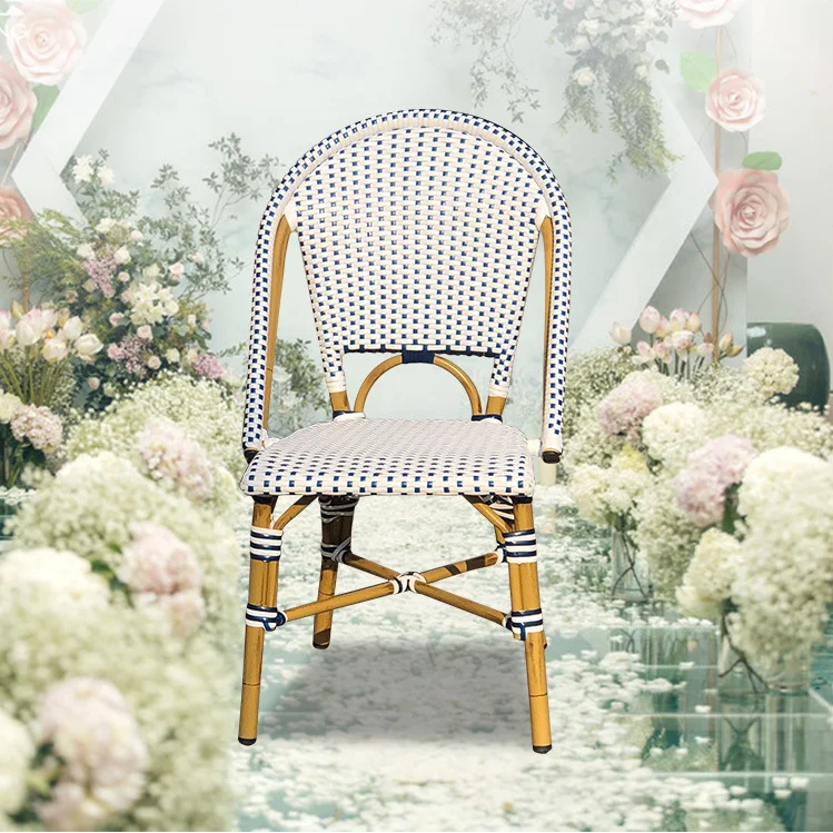 Outdoor french style aluminum frame rattan wicker dining chair cheap bistro cafe chair beautiful garden chair