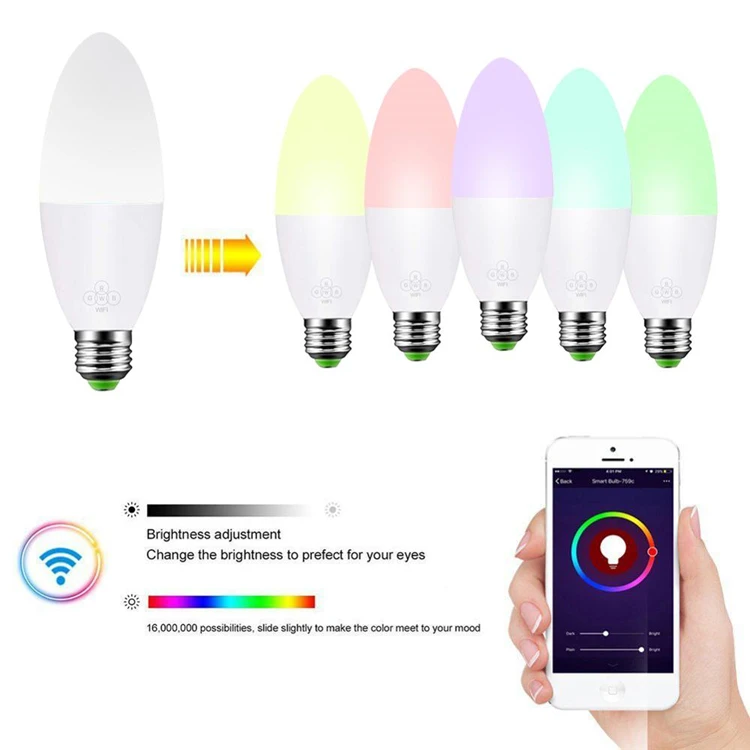 5W AC100-240v C37 Smart Candle WIFI Light Bulb E27 LED RGB Color Changing Control By Tuya