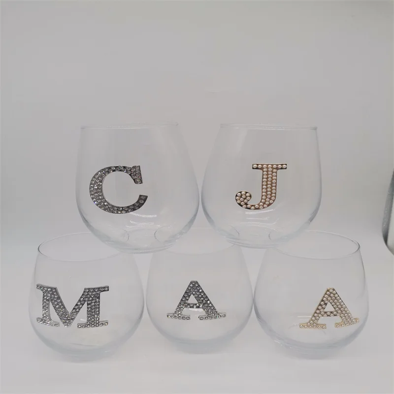 OEM Logo Wine Glasses Stemless Gold Pearl Sliver Rhinestones Monogram Unique Glassware