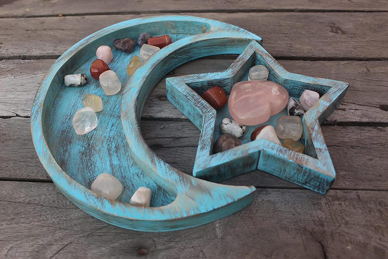 Sky Blue Wooden Moon and Star Tray for Crystal Stones