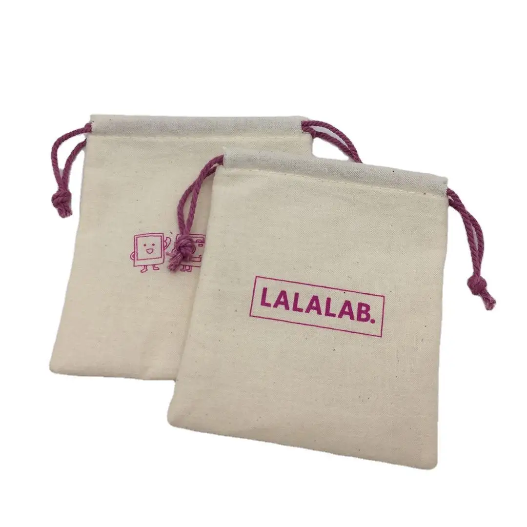 Custom natural flat bottom linen bags reusable organic canvas cotton produce satin pouches with drawstring candle bag