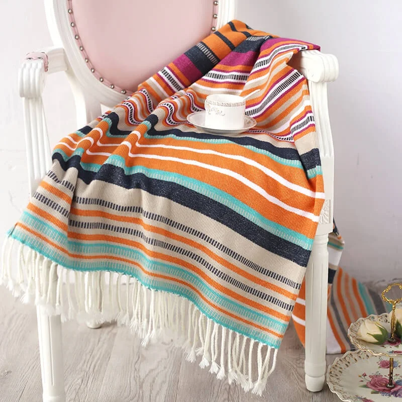 i@home amazon color striped 100% acrylic tassel knitted blanket for winter