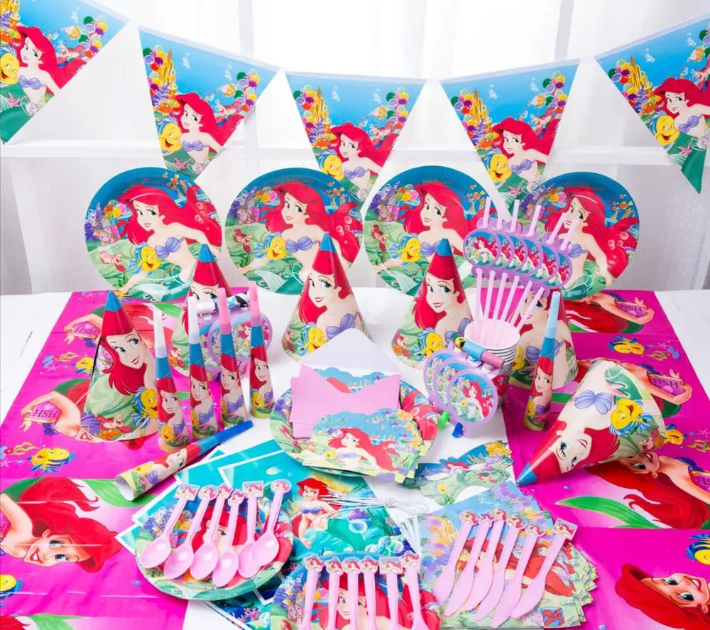 
Mermaid Carton Pictures Children Birthday Party Kit with Carton Hats/Plates/Invitation Card Party 