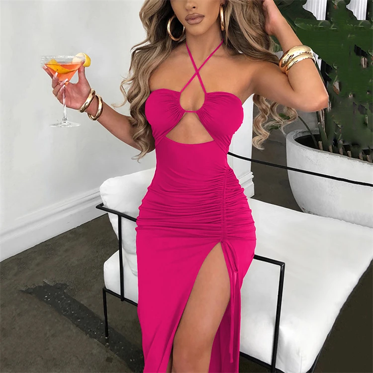 Women Party Club Dress Sexy Hot Spicy Girl High Slit Pleated Halter Long Dress Elegant Ladies Evening Long Dresses 2024 Ins New
