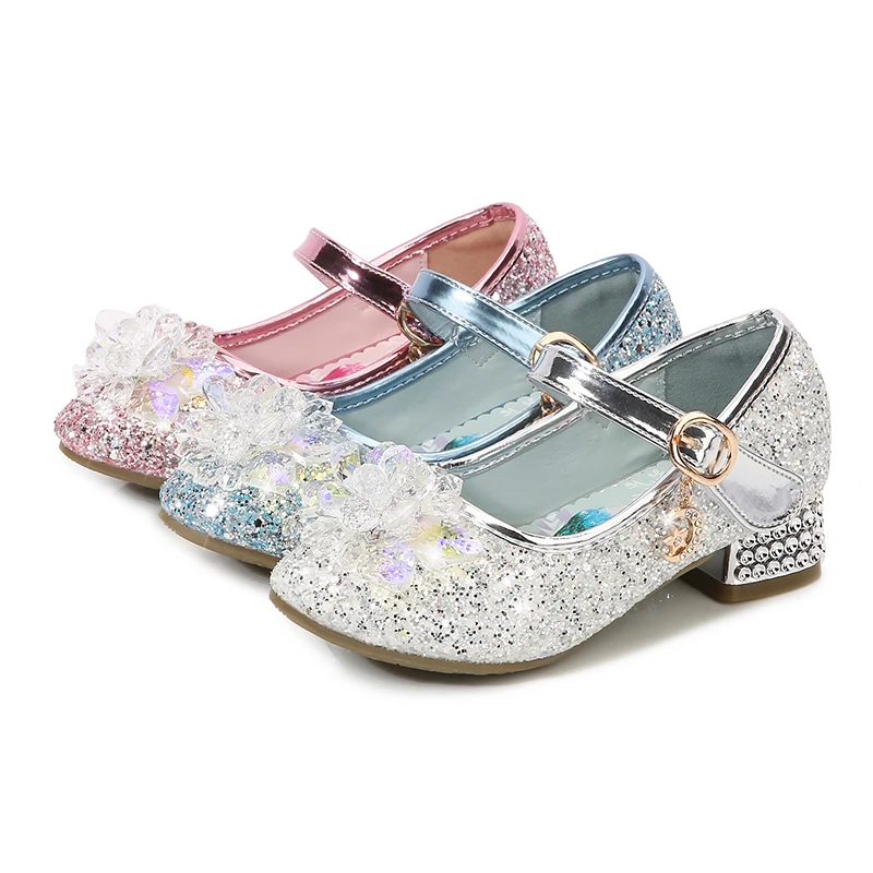 The factory supplies 3 colors of sparkling crystal Girl High Heel single shoe leather shoes magic princess shoes