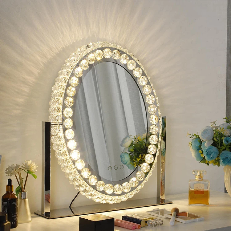 Crushed Diamond Luxury Hollywood Style Crystal Make Up Mirror LED Light Illuminated Round Makeup Mirror Vanity Mirror